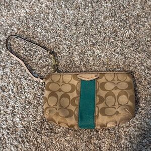 Coach Wristlet Tan Khaki Beige Signature Logo Green Stripe Zip Top F28501